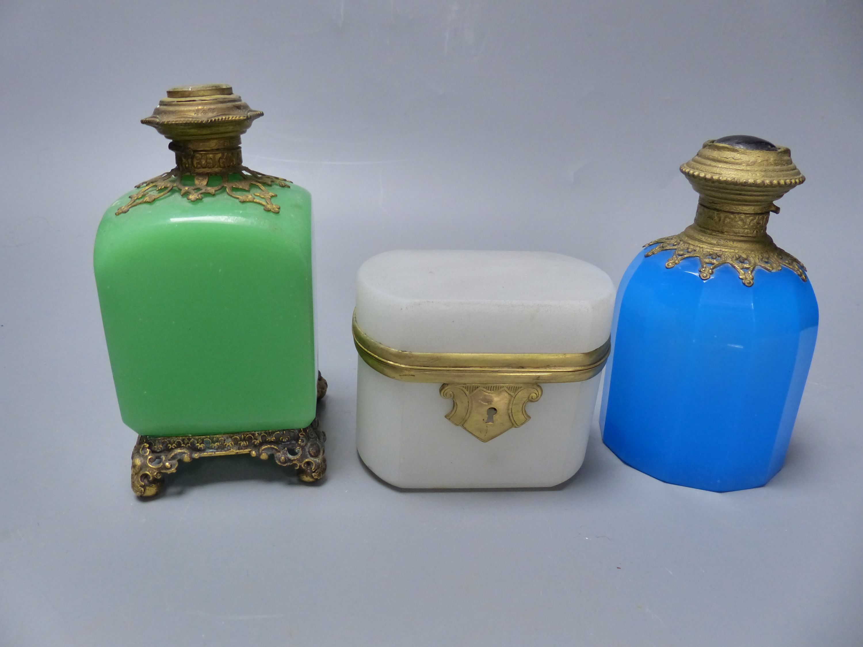 A group of French coloured opaline glass with gilt metal mounts and a satin glass vase, tallest 23.5cm